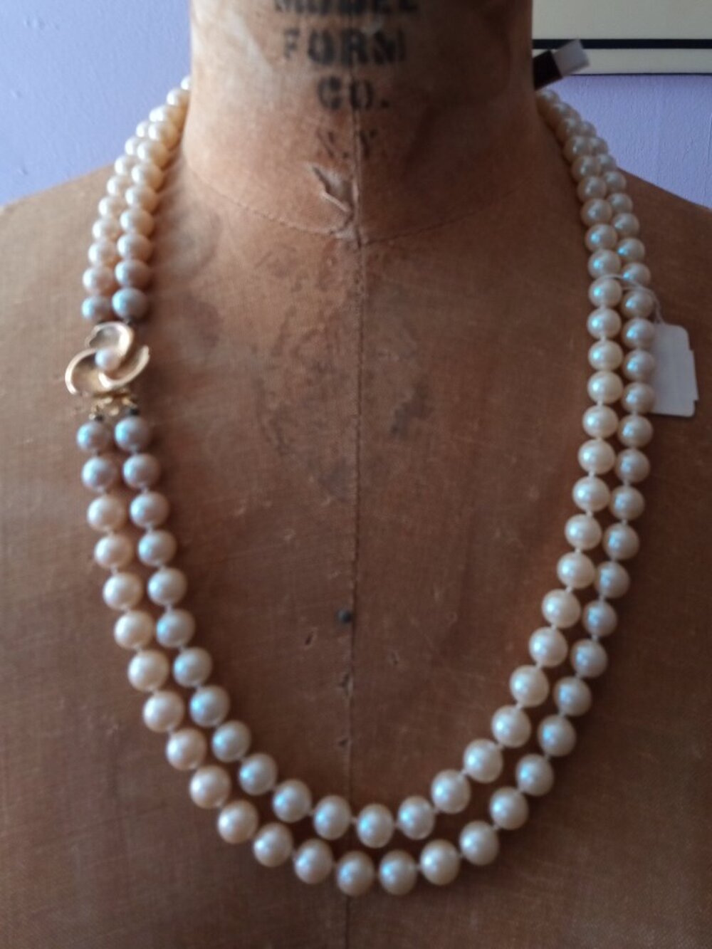 vintage MCM Menorca 2 strand faux pearl necklace with gold tone clasp NOS